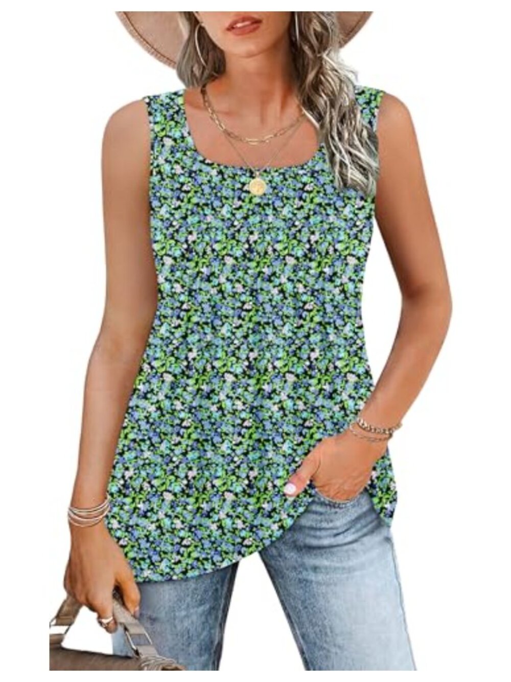 Womens Sleeveless Square Neck Tank Top Floral Summer Blouse